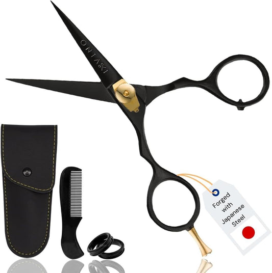 5.5" Beard & Hair Trimming Scissors - Professional Japanese Steel Hand-Forged Barber Shears - Hair, Mustache Scissors & Beard Trimmer for Men (Gold & Black)